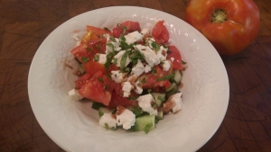 Tomato, Cucumber and Feta salad with minced basil and parsley